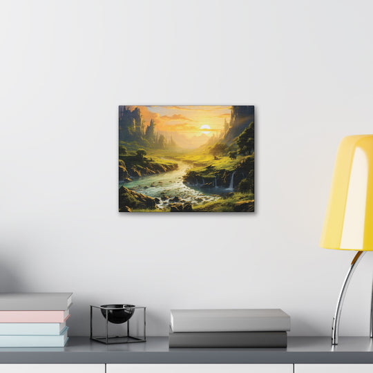 Harvest Moon Riverbank Canvas Art – Serene Sunset with Majestic Mountains & Lush Greenery - captivatingconversationsstarters