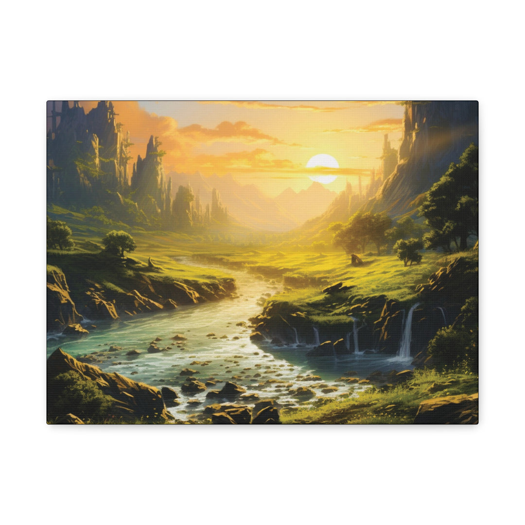 Harvest Moon Riverbank Canvas Art – Serene Sunset with Majestic Mountains & Lush Greenery - captivatingconversationsstarters