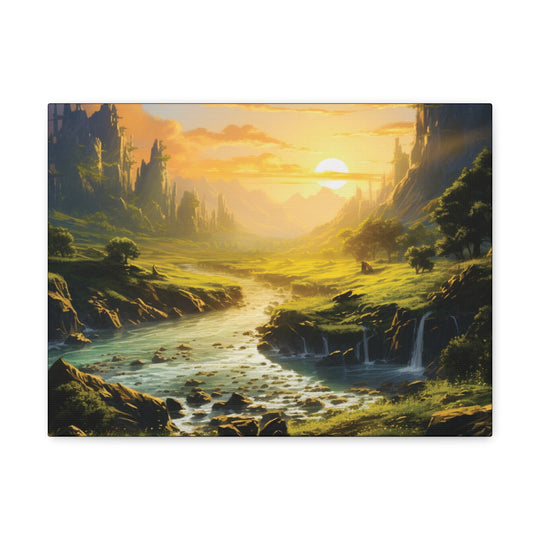 Harvest Moon Riverbank Canvas Art – Serene Sunset with Majestic Mountains & Lush Greenery - captivatingconversationsstarters
