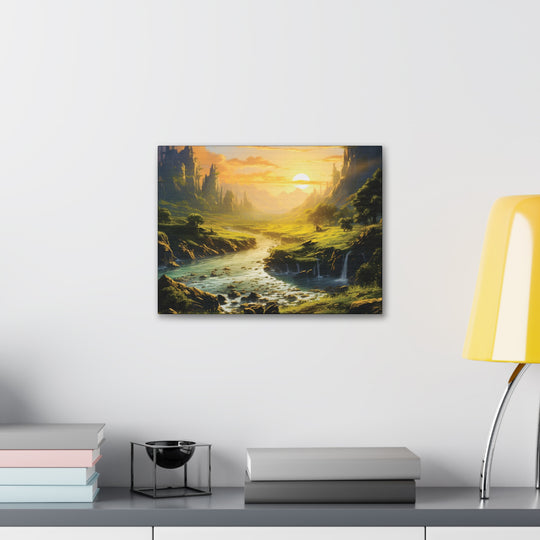 Harvest Moon Riverbank Canvas Art – Serene Sunset with Majestic Mountains & Lush Greenery - captivatingconversationsstarters
