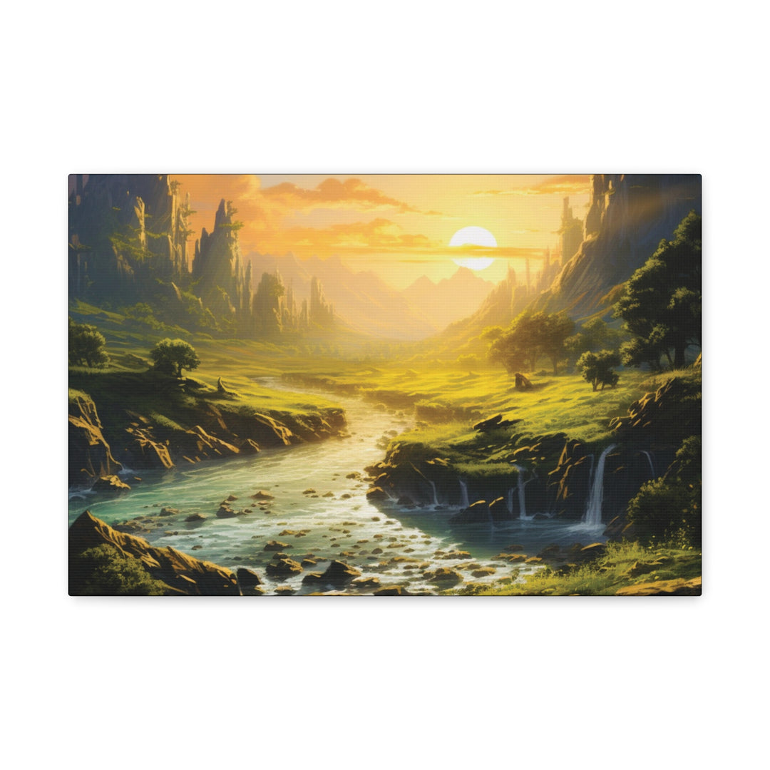 Harvest Moon Riverbank Canvas Art – Serene Sunset with Majestic Mountains & Lush Greenery - captivatingconversationsstarters