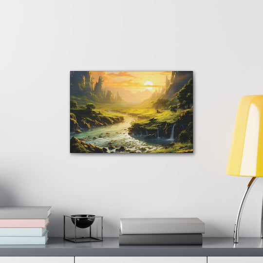 Harvest Moon Riverbank Canvas Art – Serene Sunset with Majestic Mountains & Lush Greenery - captivatingconversationsstarters