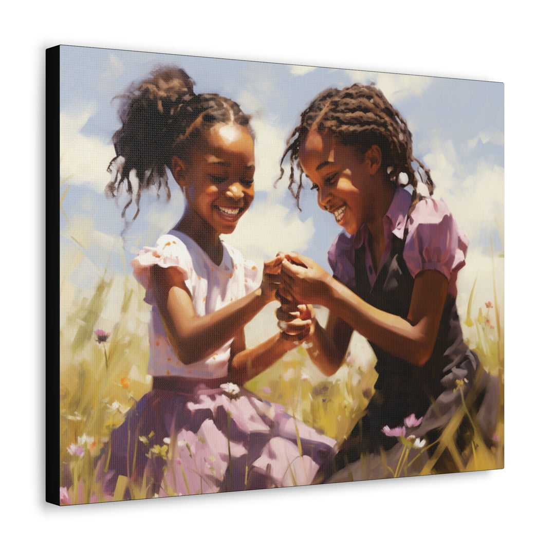 Joyful Play: Little Girls in a Wildflower Field Canvas Art - Capturing Childhood Magic - captivatingconversationsstarters