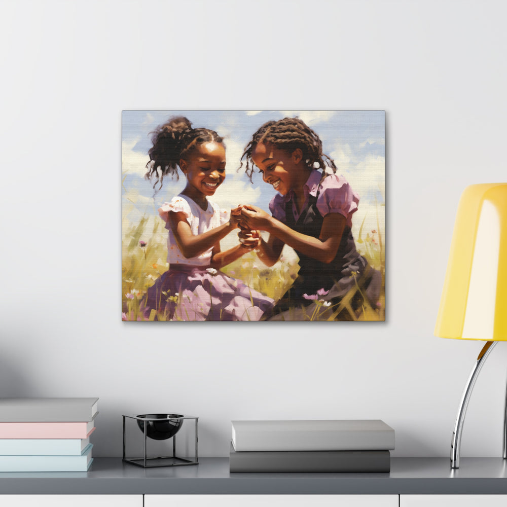 Joyful Play: Little Girls in a Wildflower Field Canvas Art - Capturing Childhood Magic - captivatingconversationsstarters