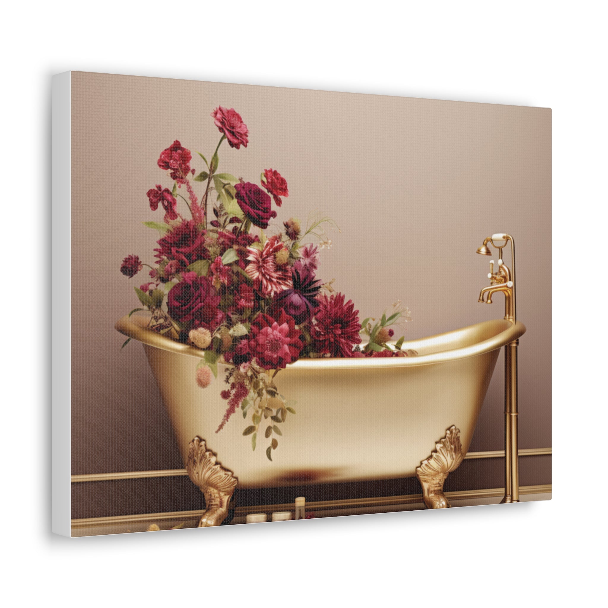 Luxury in Bloom: Golden Tub & Wildflowers Canvas Art – Elegance Meets Nature for a Serene Space - captivatingconversationsstarters