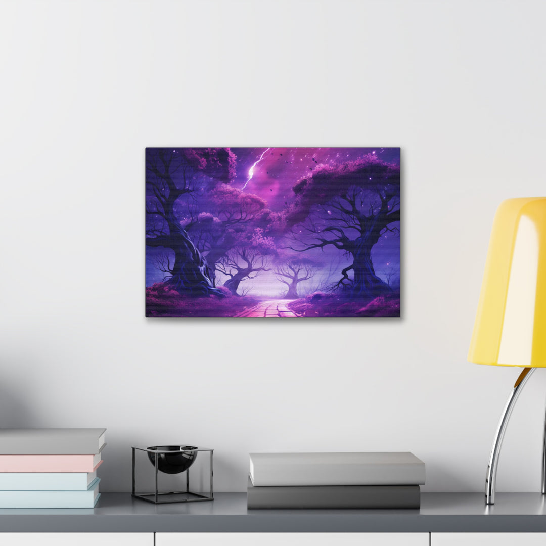 Mystic Shadows: Spooky Forest Canvas Art - Haunting Purple Glow, Perfect for Halloween Décor & Macabre Enthusiasts - captivatingconversationsstarters