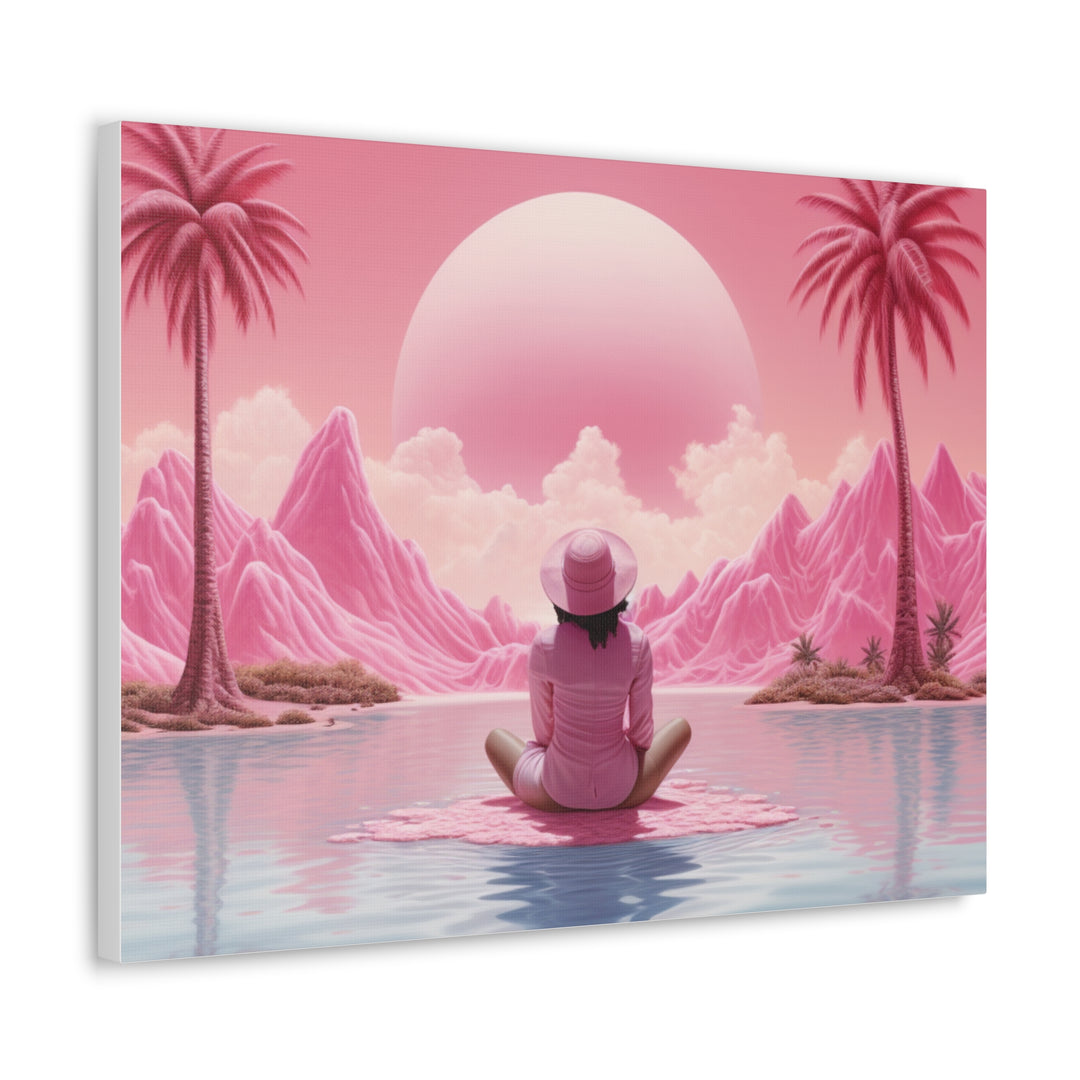 Serenity in Pink Canvas Art – Meditative Woman, Pink Sand Bar & Sunset for Tranquil Spaces - captivatingconversationsstarters