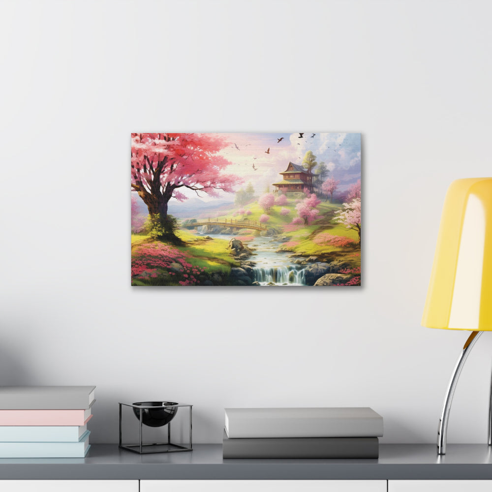 Serenity River Canvas Art – Pink Blossom Tree and Hilltop Retreat - captivatingconversationsstarters