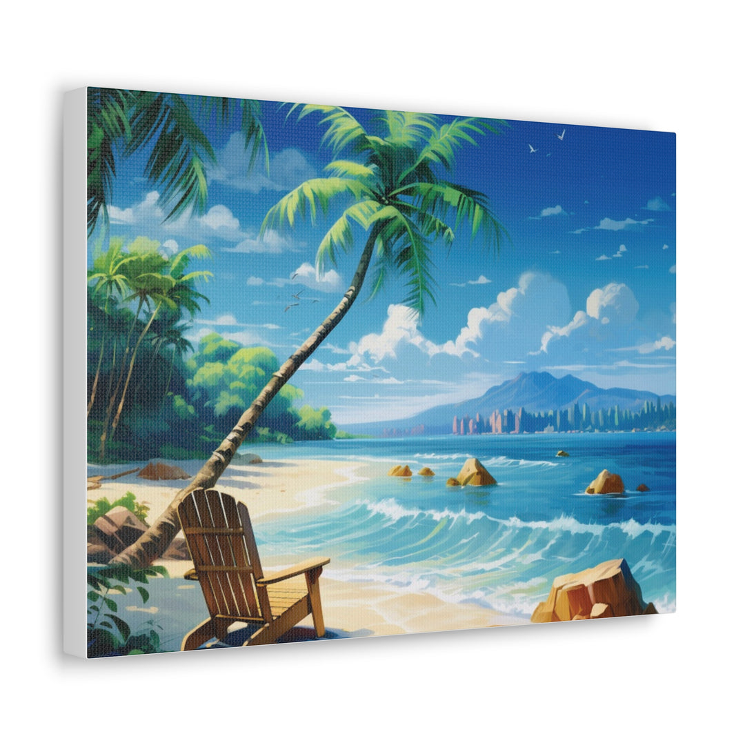 Serenity Shores: Palm Tree & Rocking Chair Canvas Art - Relaxation by the Waves - captivatingconversationsstarters