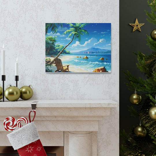 Serenity Shores: Palm Tree & Rocking Chair Canvas Art - Relaxation by the Waves - captivatingconversationsstarters