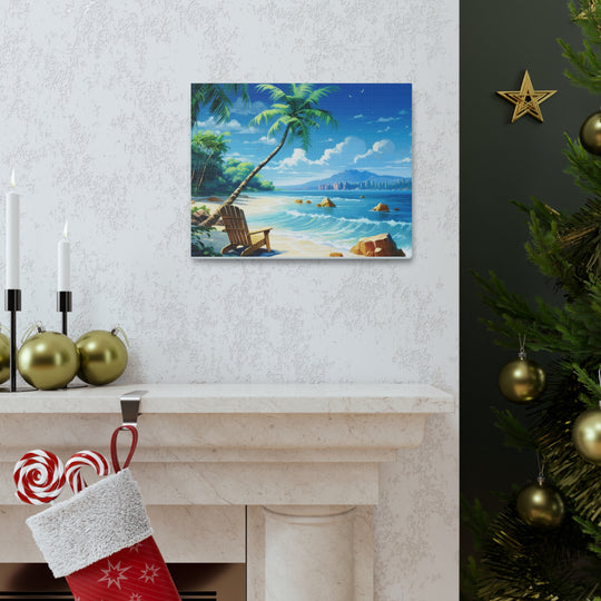 Serenity Shores: Palm Tree & Rocking Chair Canvas Art - Relaxation by the Waves - captivatingconversationsstarters