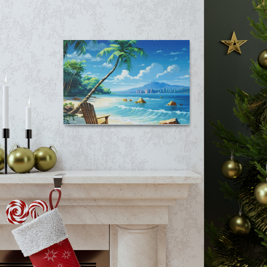 Serenity Shores: Palm Tree & Rocking Chair Canvas Art - Relaxation by the Waves - captivatingconversationsstarters