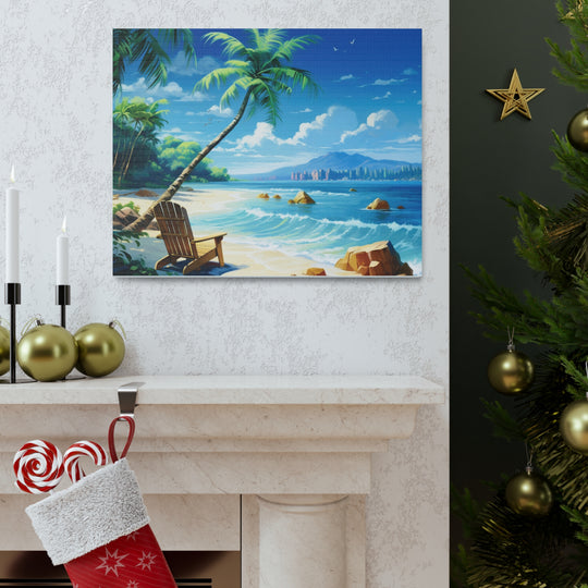 Serenity Shores: Palm Tree & Rocking Chair Canvas Art - Relaxation by the Waves - captivatingconversationsstarters