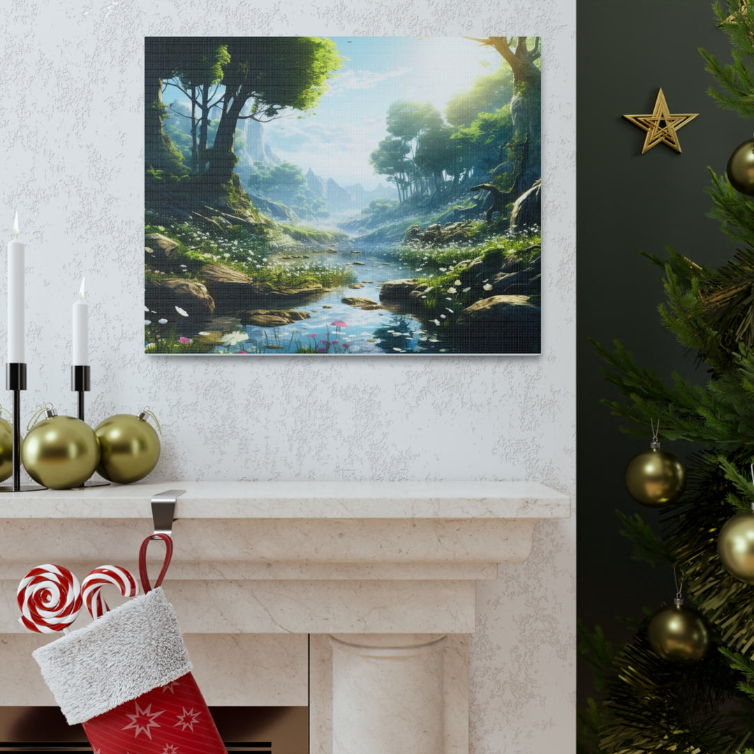 Tranquil River Escape: Stunning Green Trees & Mountain Canvas Art - captivatingconversationsstarters