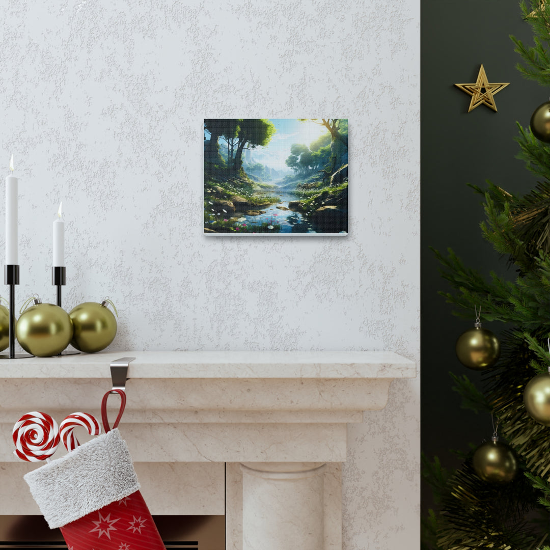 Tranquil River Escape: Stunning Green Trees & Mountain Canvas Art - captivatingconversationsstarters