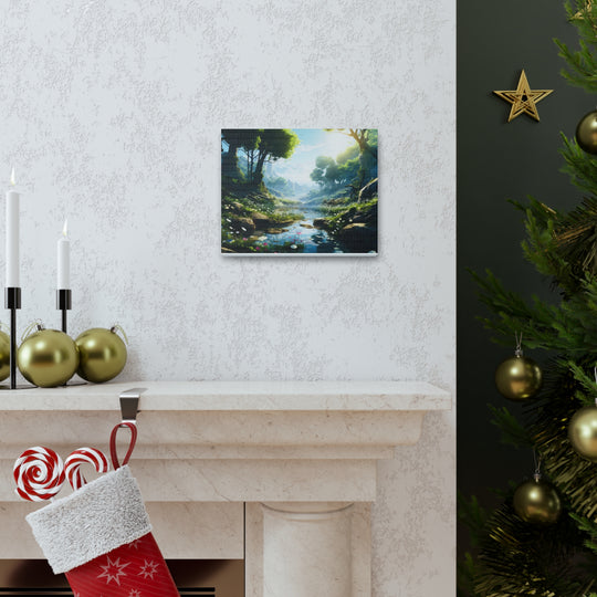 Tranquil River Escape: Stunning Green Trees & Mountain Canvas Art - captivatingconversationsstarters