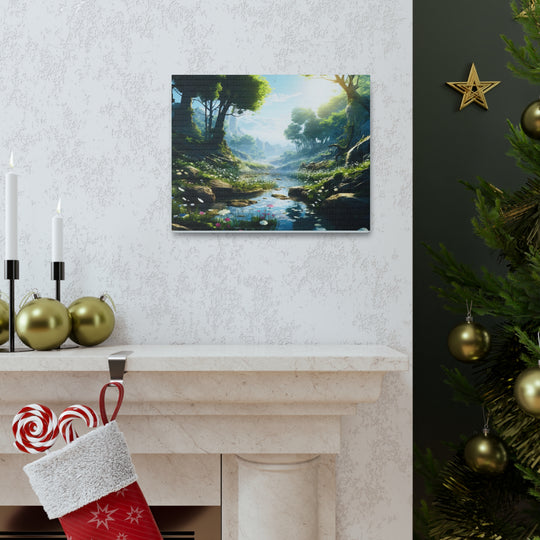 Tranquil River Escape: Stunning Green Trees & Mountain Canvas Art - captivatingconversationsstarters