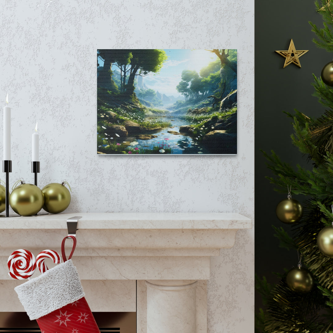 Tranquil River Escape: Stunning Green Trees & Mountain Canvas Art - captivatingconversationsstarters