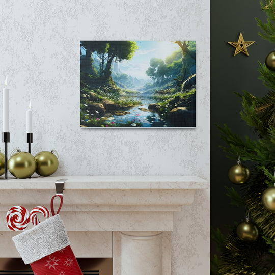 Tranquil River Escape: Stunning Green Trees & Mountain Canvas Art - captivatingconversationsstarters