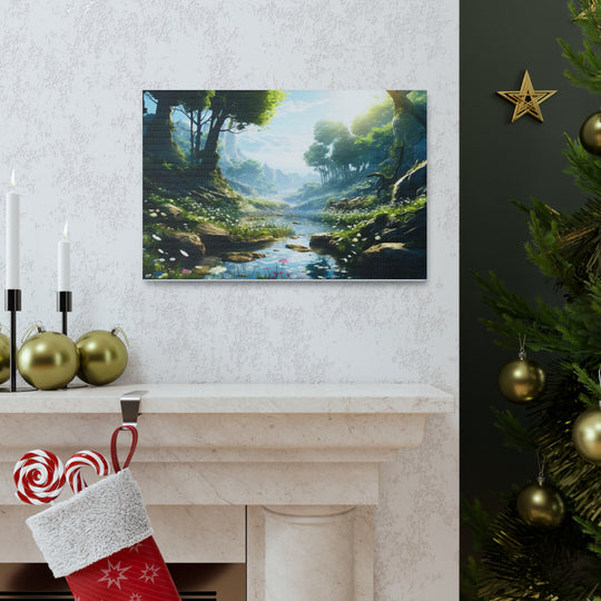 Tranquil River Escape: Stunning Green Trees & Mountain Canvas Art - captivatingconversationsstarters