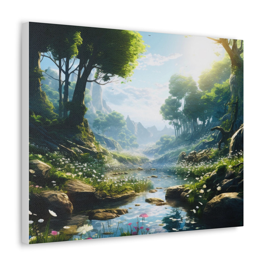 Tranquil River Escape: Stunning Green Trees & Mountain Canvas Art - captivatingconversationsstarters
