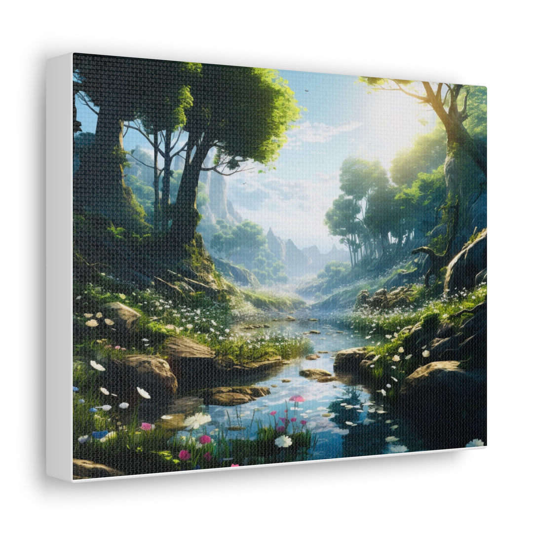 Tranquil River Escape: Stunning Green Trees & Mountain Canvas Art - captivatingconversationsstarters