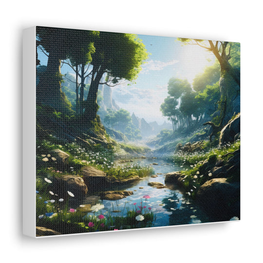 Tranquil River Escape: Stunning Green Trees & Mountain Canvas Art - captivatingconversationsstarters