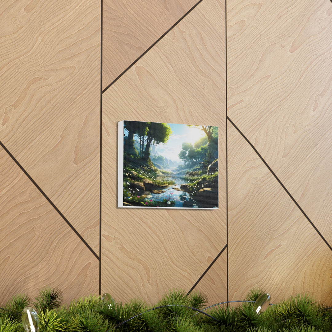 Tranquil River Escape: Stunning Green Trees & Mountain Canvas Art - captivatingconversationsstarters