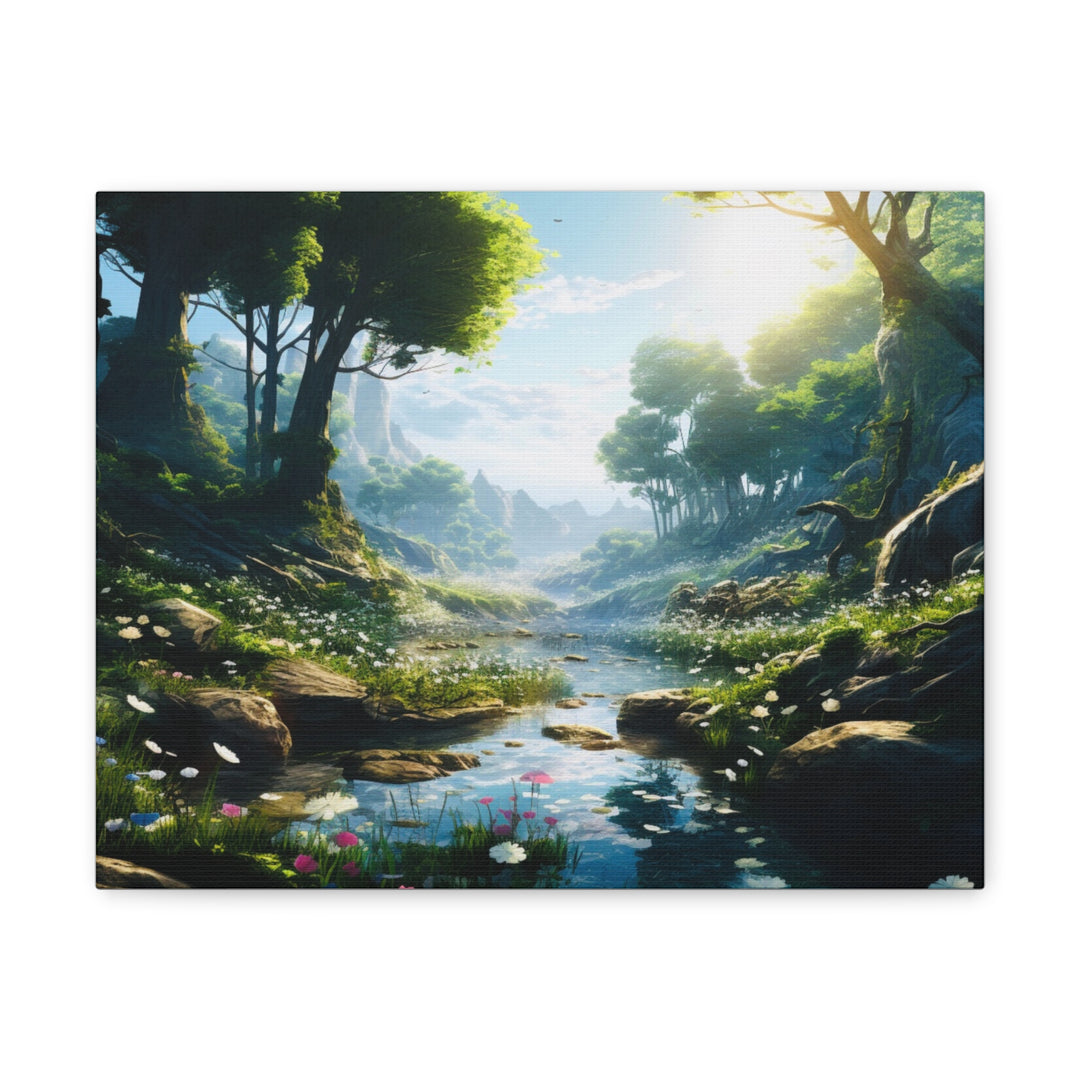 Tranquil River Escape: Stunning Green Trees & Mountain Canvas Art - captivatingconversationsstarters