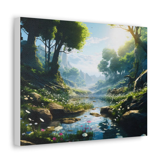 Tranquil River Escape: Stunning Green Trees & Mountain Canvas Art - captivatingconversationsstarters