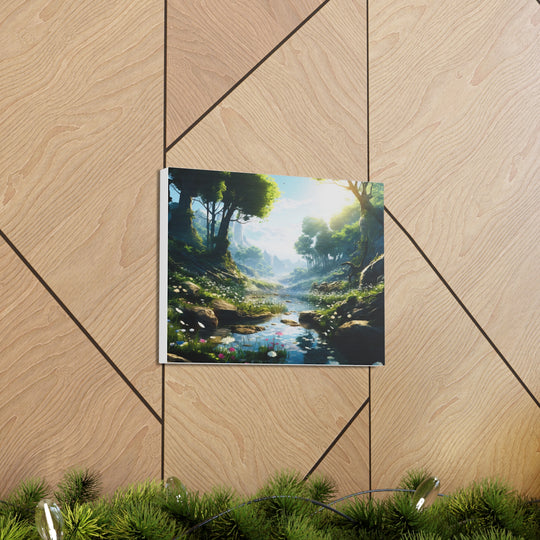 Tranquil River Escape: Stunning Green Trees & Mountain Canvas Art - captivatingconversationsstarters