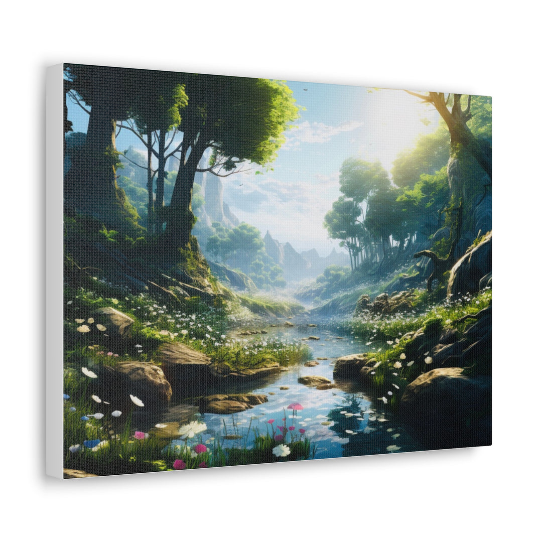 Tranquil River Escape: Stunning Green Trees & Mountain Canvas Art - captivatingconversationsstarters