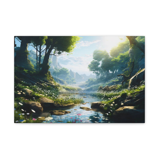Tranquil River Escape: Stunning Green Trees & Mountain Canvas Art - captivatingconversationsstarters