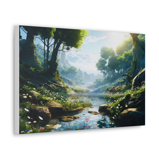 Tranquil River Escape: Stunning Green Trees & Mountain Canvas Art - captivatingconversationsstarters