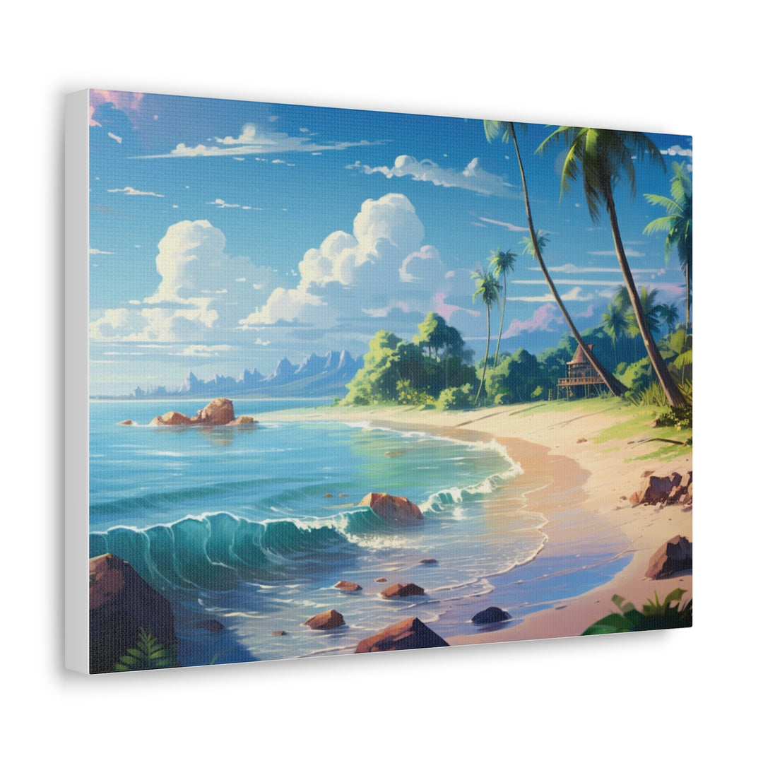 Tranquil Shores: Serene Sandy Beach Canvas Art - Escape to Paradise - captivatingconversationsstarters