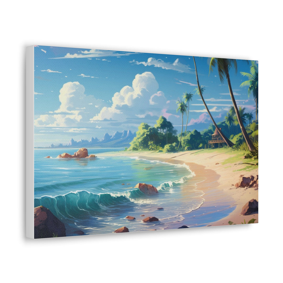 Tranquil Shores: Serene Sandy Beach Canvas Art - Escape to Paradise - captivatingconversationsstarters
