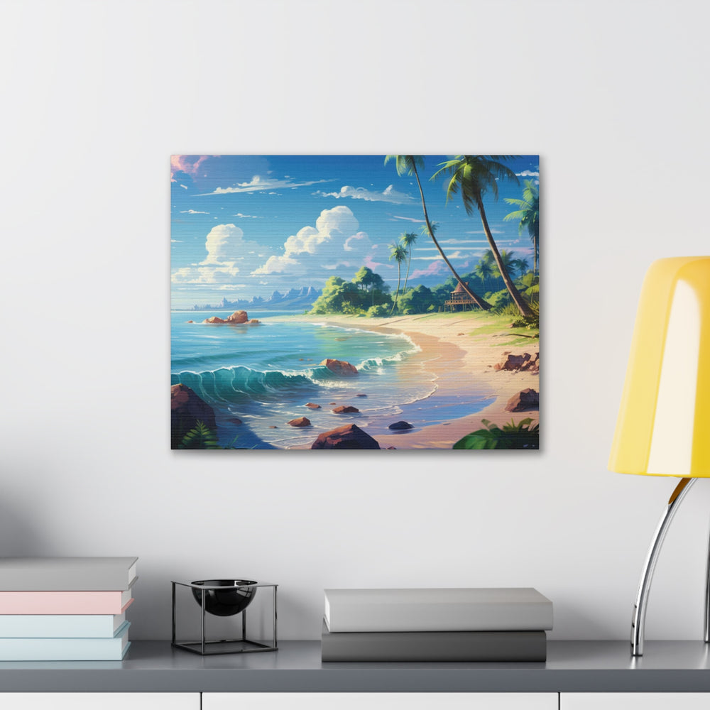 Tranquil Shores: Serene Sandy Beach Canvas Art - Escape to Paradise - captivatingconversationsstarters