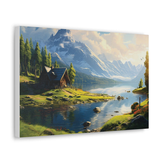 unlit Serenity: Snowy Mountain & River House Canvas Art - Nature’s Tranquil Escape - captivatingconversationsstarters