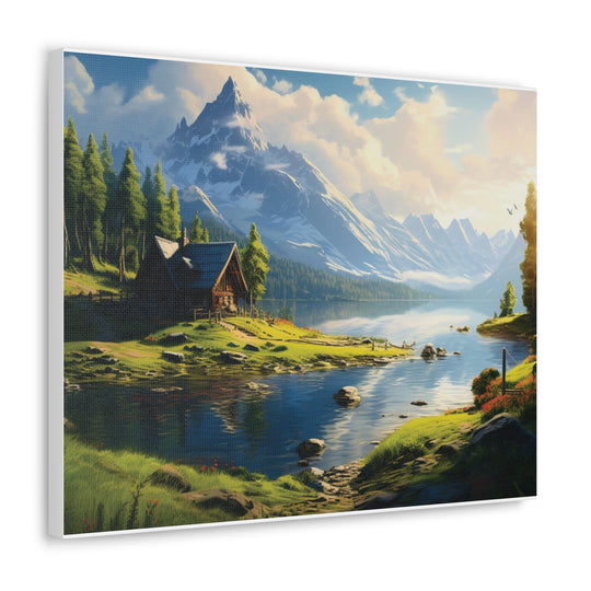 unlit Serenity: Snowy Mountain & River House Canvas Art - Nature’s Tranquil Escape - captivatingconversationsstarters