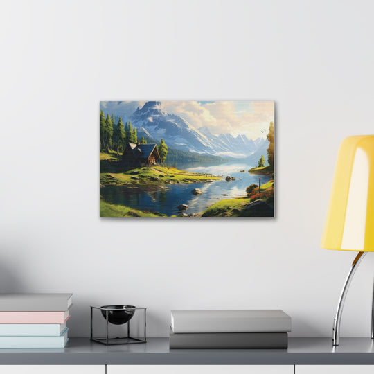 unlit Serenity: Snowy Mountain & River House Canvas Art - Nature’s Tranquil Escape - captivatingconversationsstarters