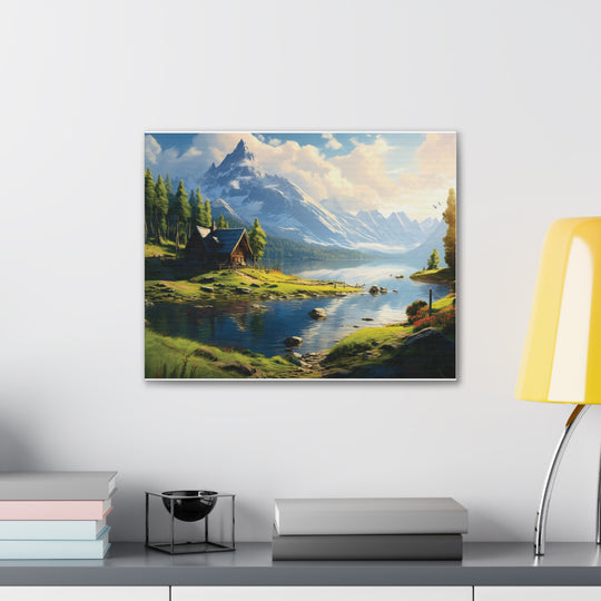 unlit Serenity: Snowy Mountain & River House Canvas Art - Nature’s Tranquil Escape - captivatingconversationsstarters