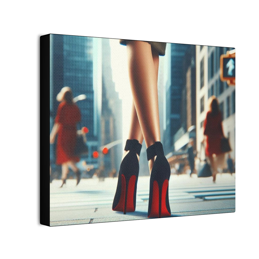 Strut in Style Canvas Art - Woman’s Leg in Red Bottom Heels with Vibrant Downtown Backdrop - captivatingconversationsstarters