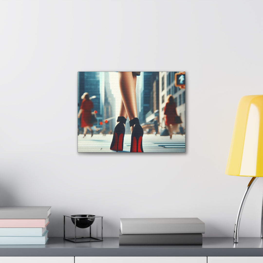 Strut in Style Canvas Art - Woman’s Leg in Red Bottom Heels with Vibrant Downtown Backdrop - captivatingconversationsstarters