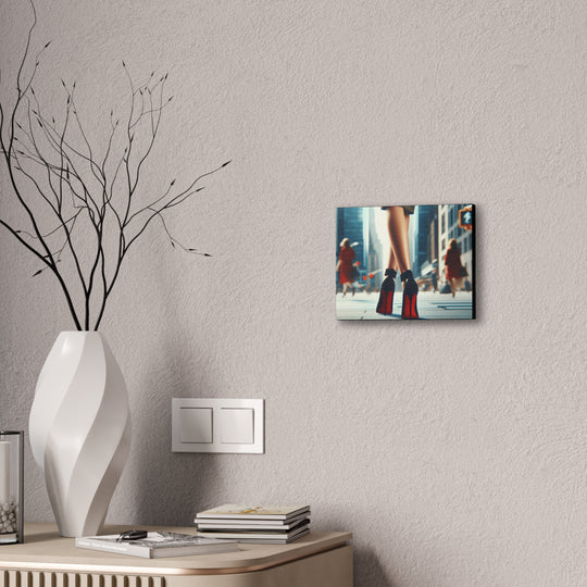 Strut in Style Canvas Art - Woman’s Leg in Red Bottom Heels with Vibrant Downtown Backdrop - captivatingconversationsstarters