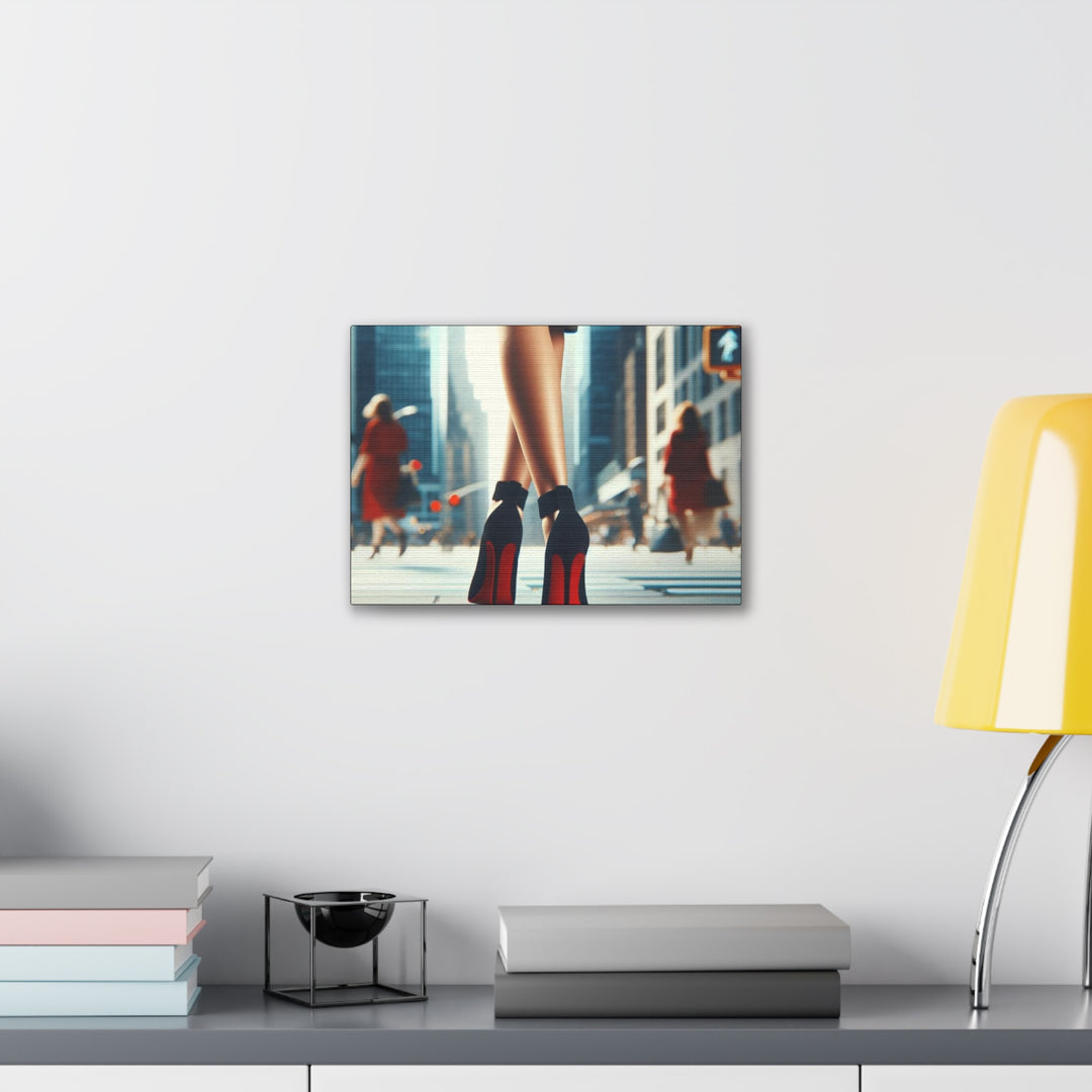 Strut in Style Canvas Art - Woman’s Leg in Red Bottom Heels with Vibrant Downtown Backdrop - captivatingconversationsstarters