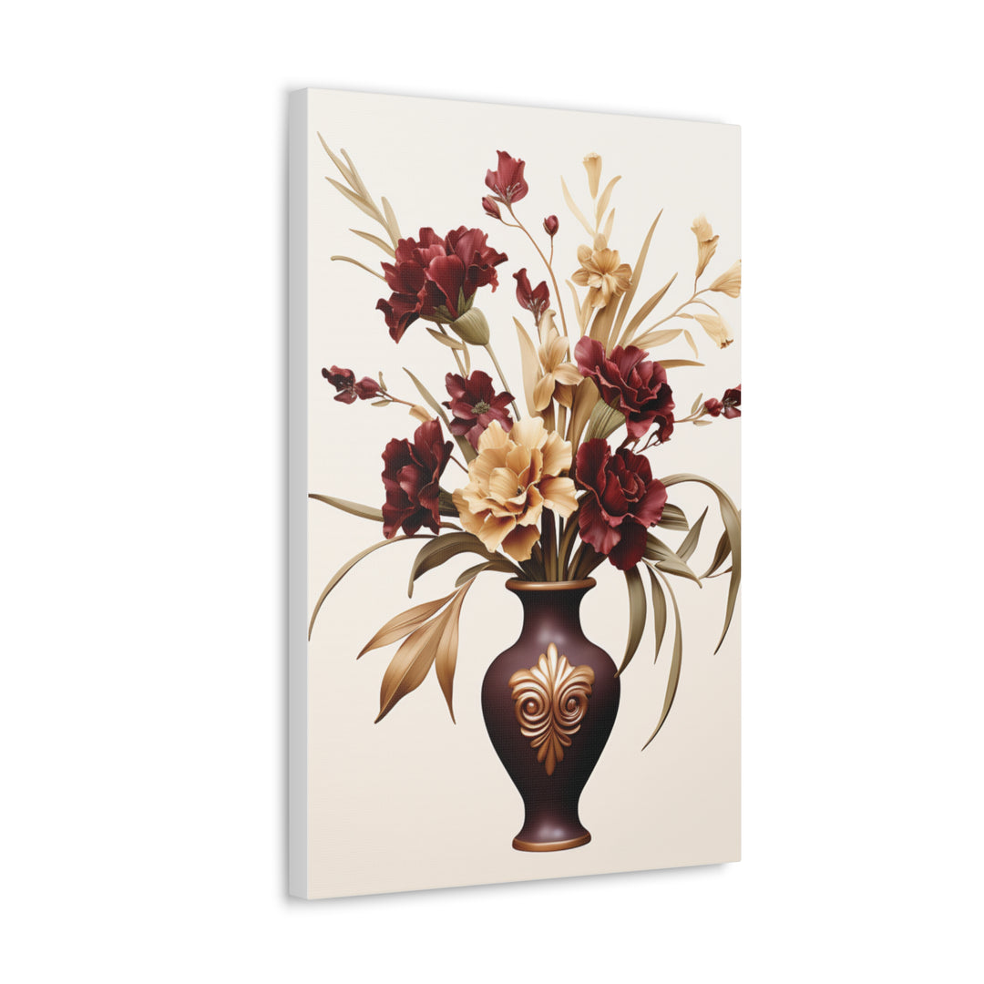 Elegant Bloom Floral Canvas Art - Sophisticated Wall Decor with Purple & White Flowers in Bronze Vase - captivatingconversationsstarters