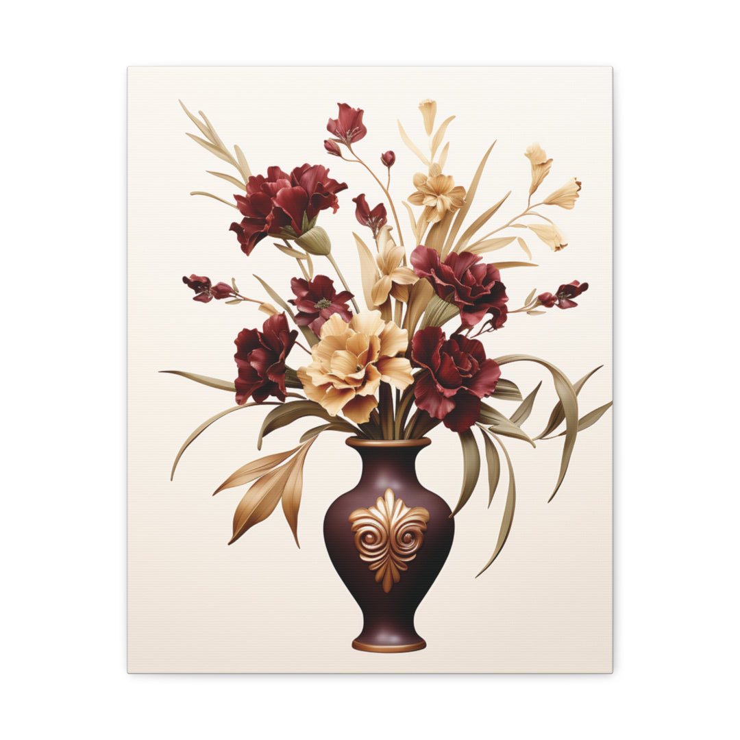 Elegant Bloom Floral Canvas Art - Sophisticated Wall Decor with Purple & White Flowers in Bronze Vase - captivatingconversationsstarters