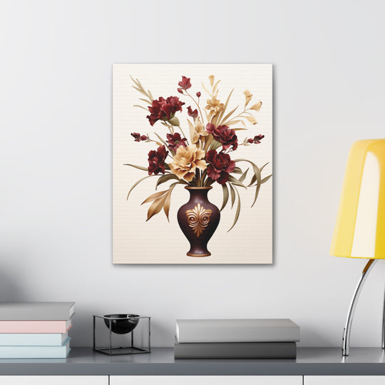 Elegant Bloom Floral Canvas Art - Sophisticated Wall Decor with Purple & White Flowers in Bronze Vase - captivatingconversationsstarters