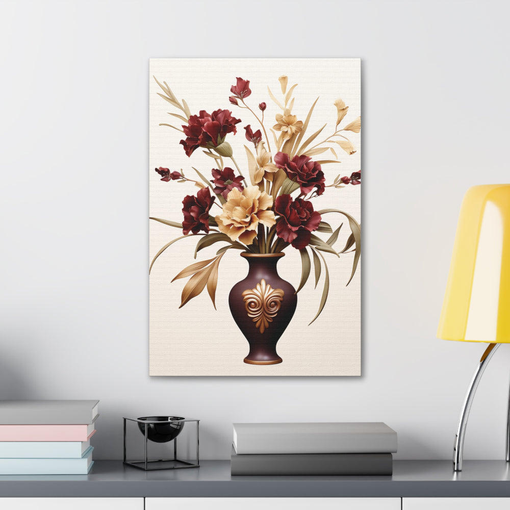 Elegant Bloom Floral Canvas Art - Sophisticated Wall Decor with Purple & White Flowers in Bronze Vase - captivatingconversationsstarters