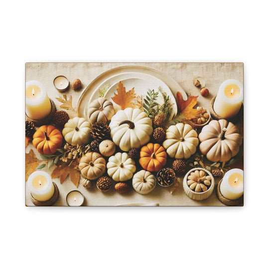 Fall Harvest Table Canvas Art – Pumpkin, Candle & Pinecone Decor for Autumn Home Accents - captivatingconversationsstarters